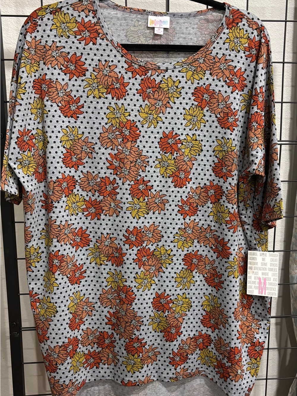 LuLaRoe Women’s Floral Dot Short-Sleeve Top in Gray with Orange & Yellow Flowers
